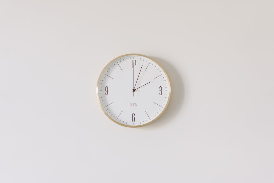 A round wall clock with a white face, black minute and hour hands, and a red second hand, mounted on a plain white wall. The clock's frame is light-colored, possibly beige or gold. The time displayed is approximately 12:04:11. The scene is well-lit with natural or artificial light, emphasizing the minimalistic and clean setting. There are no additional objects or decorations visible in the image, focusing solely on the clock's appearance and the smooth, dust-free surface of the wall. This image aligns with themes of cleanliness and maintenance, relevant to domestic cleaning and surface sanitisation, as showcased by Fulham Carpet Cleaning.